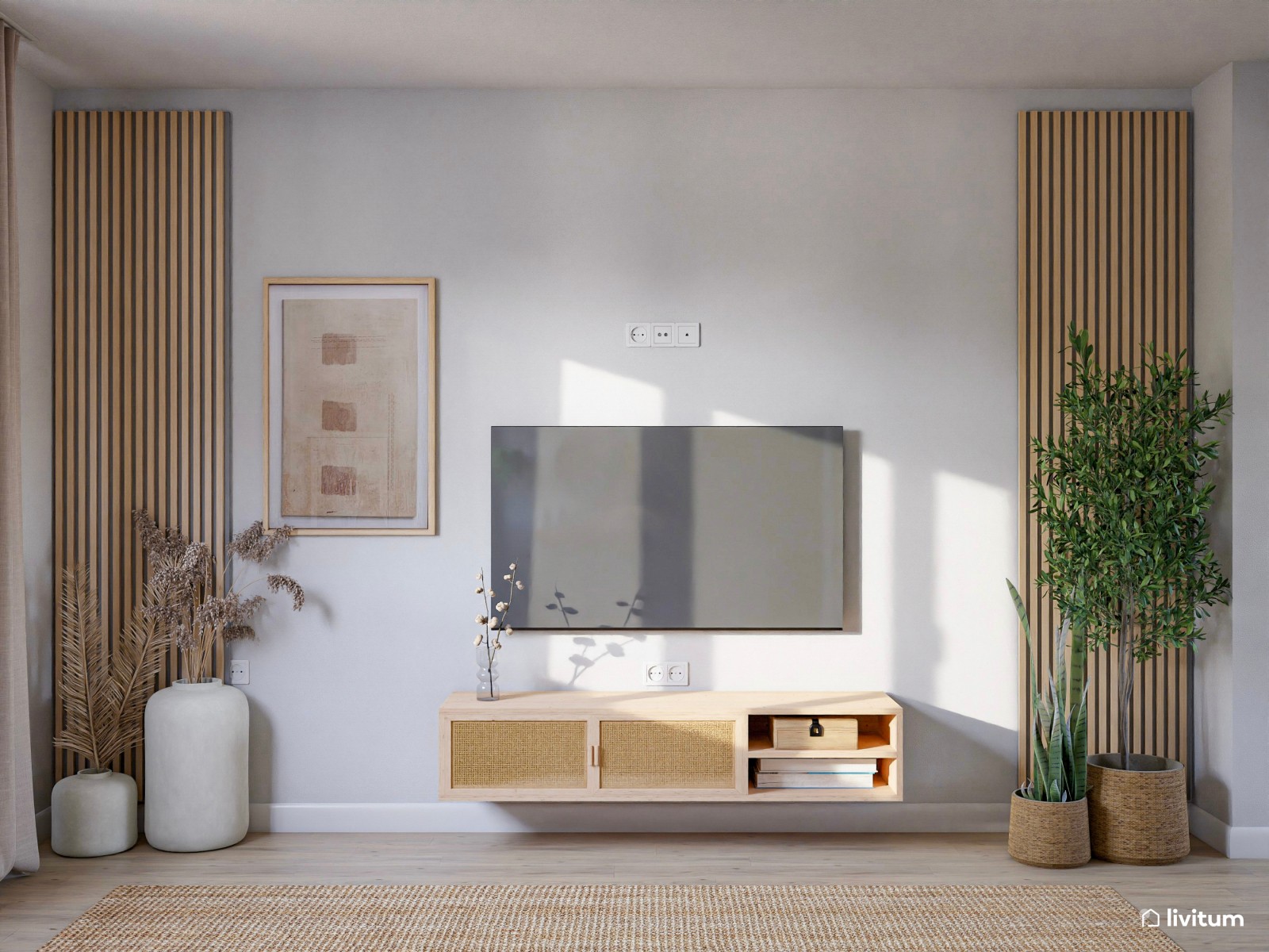 Salón con mucha claridad diseñado en madera y tonos suaves