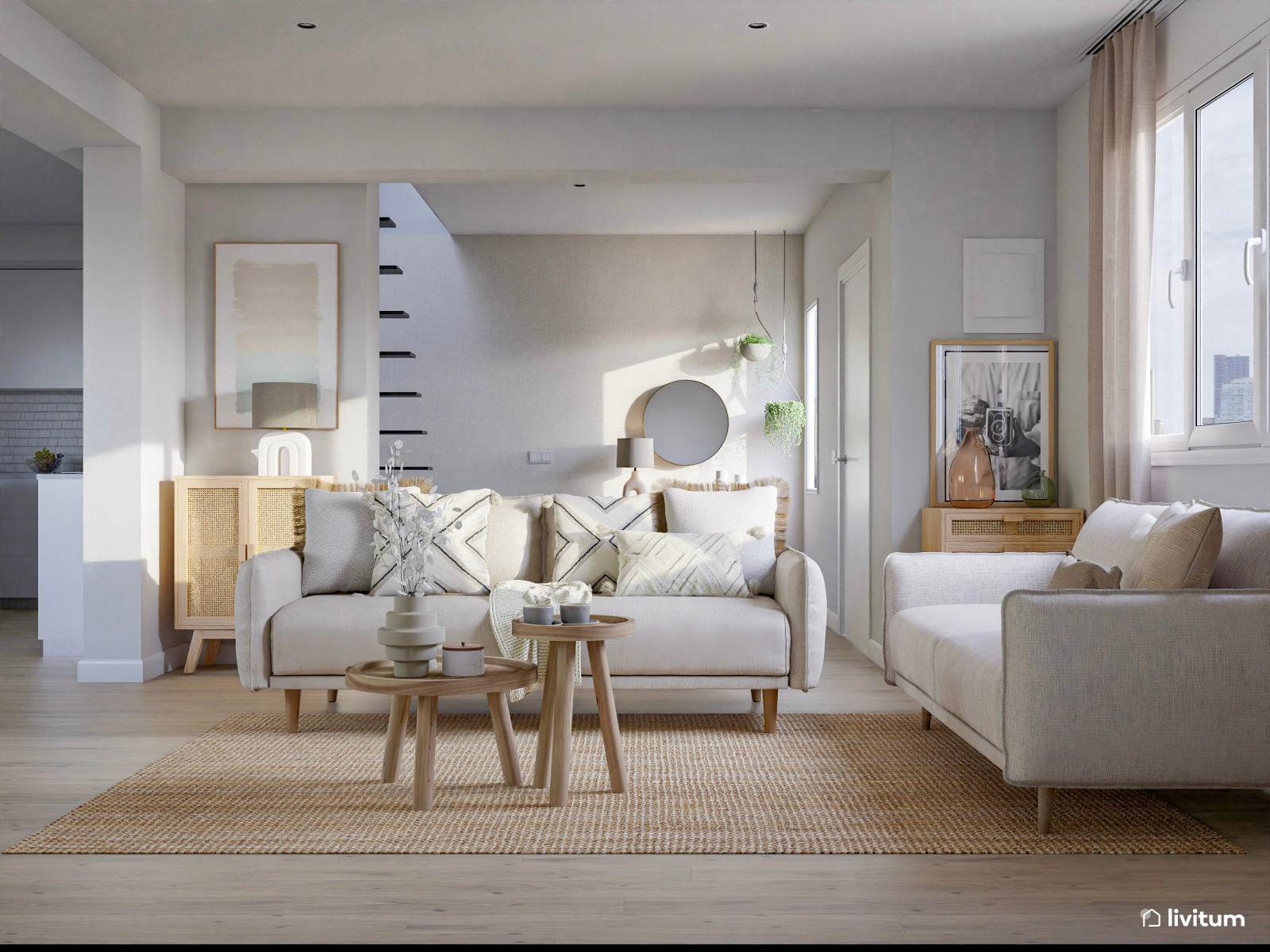 Salón con mucha claridad diseñado en madera y tonos suaves