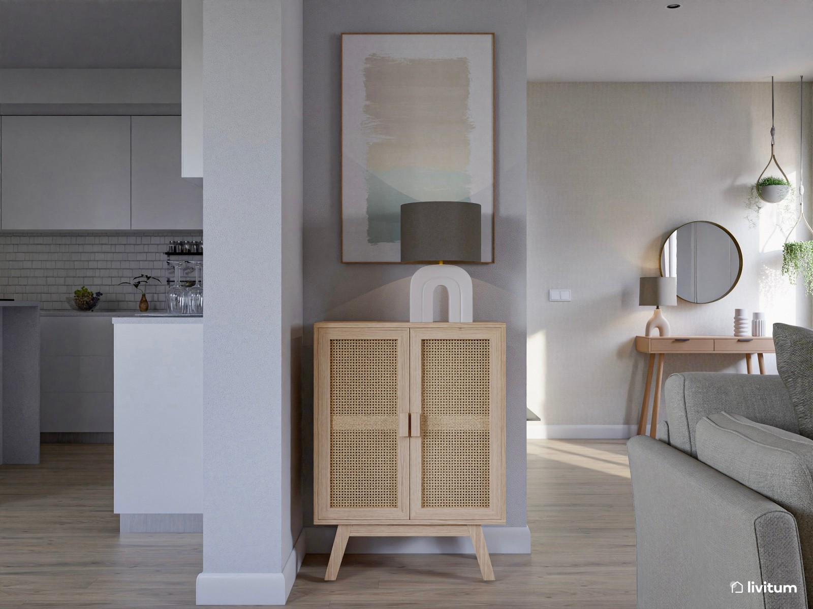Salón con mucha claridad diseñado en madera y tonos suaves