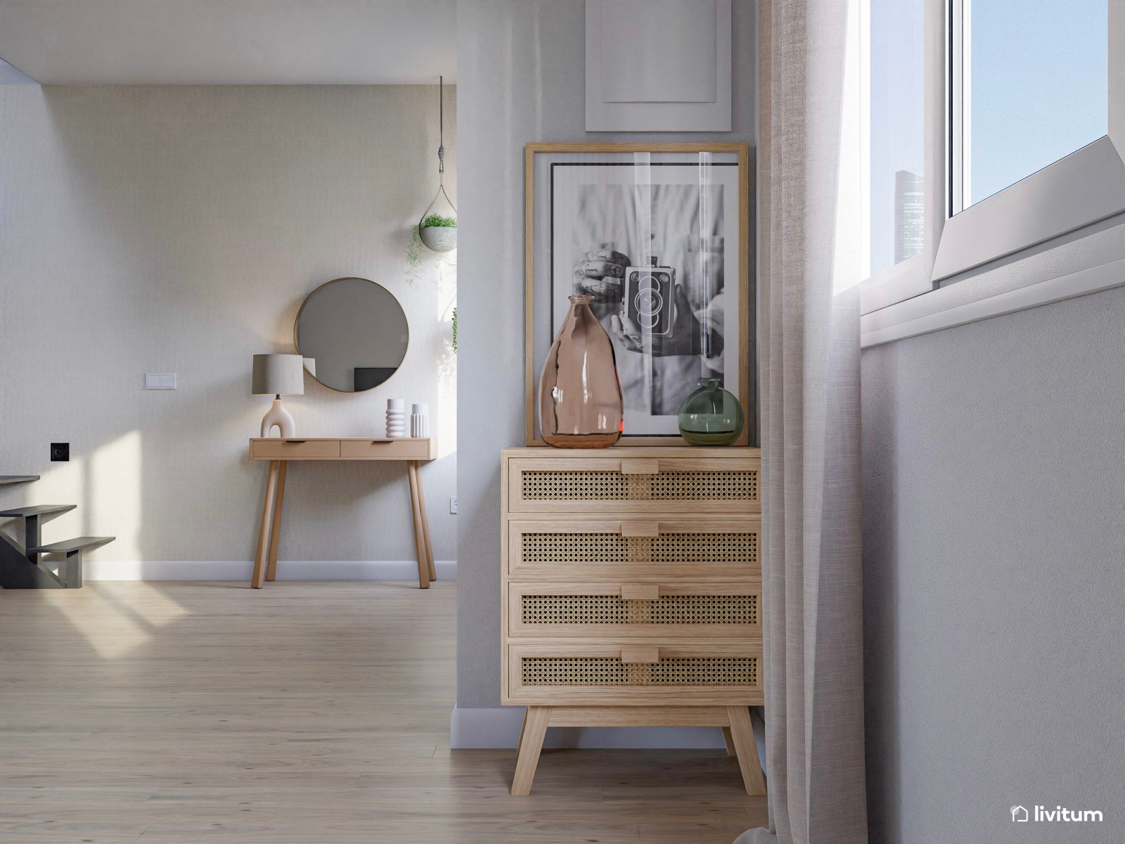 Salón con mucha claridad diseñado en madera y tonos suaves