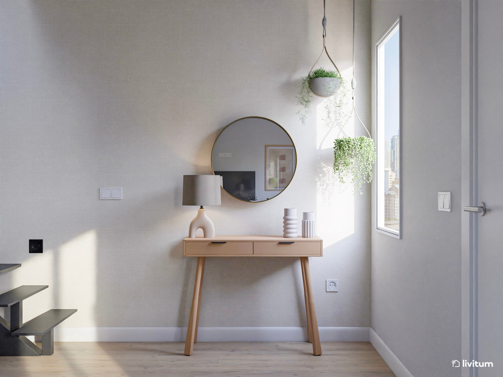Salón con mucha claridad diseñado en madera y tonos suaves
