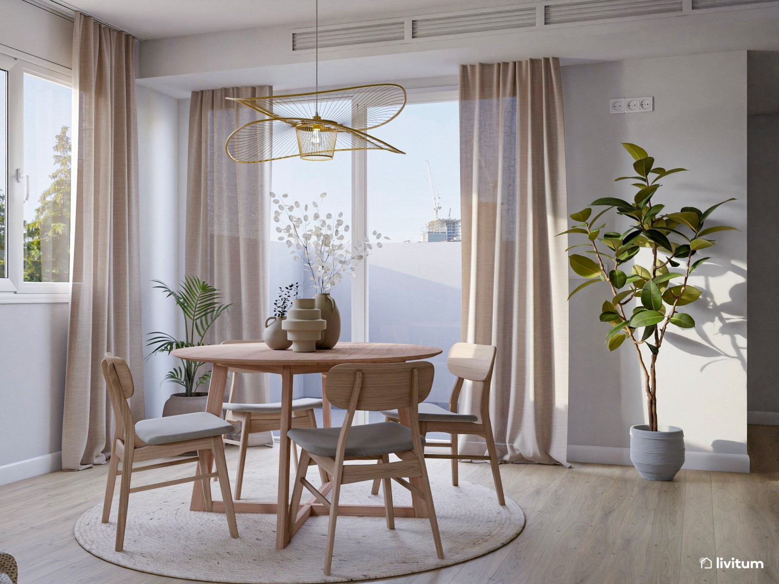 Salón con mucha claridad diseñado en madera y tonos suaves