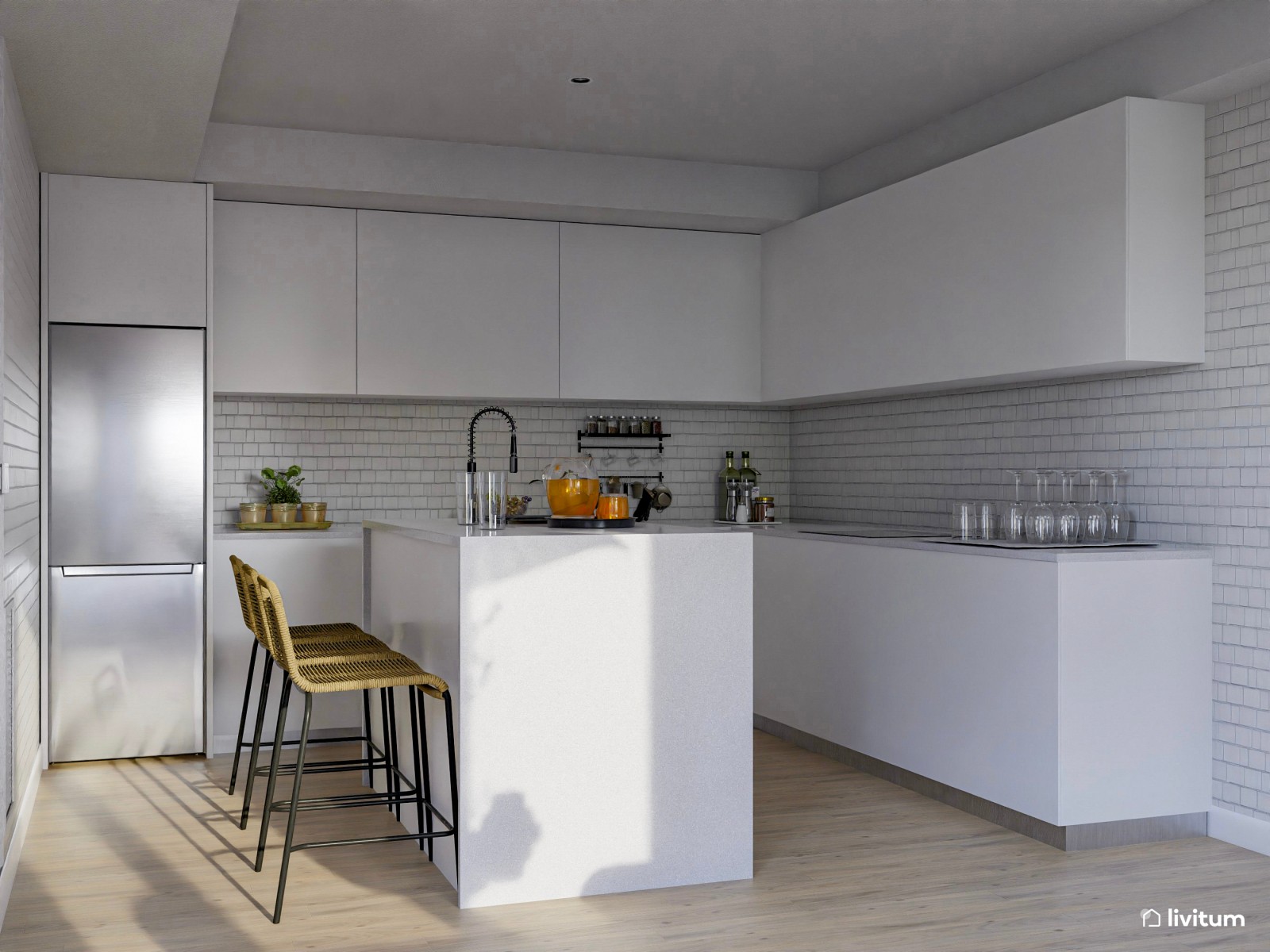 Salón con mucha claridad diseñado en madera y tonos suaves