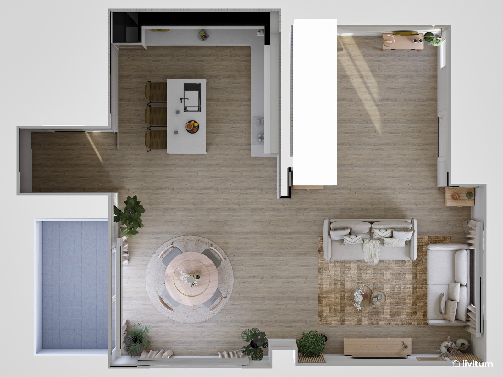 Salón con mucha claridad diseñado en madera y tonos suaves