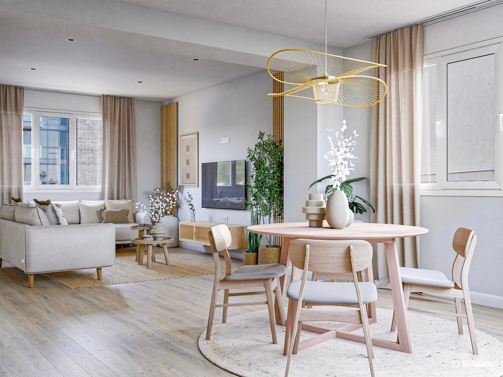 Salón con mucha claridad diseñado en madera y tonos suaves