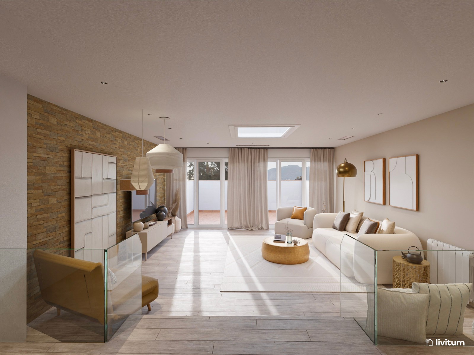 Salón con pared de ladrillos y detalles metálicos dorados