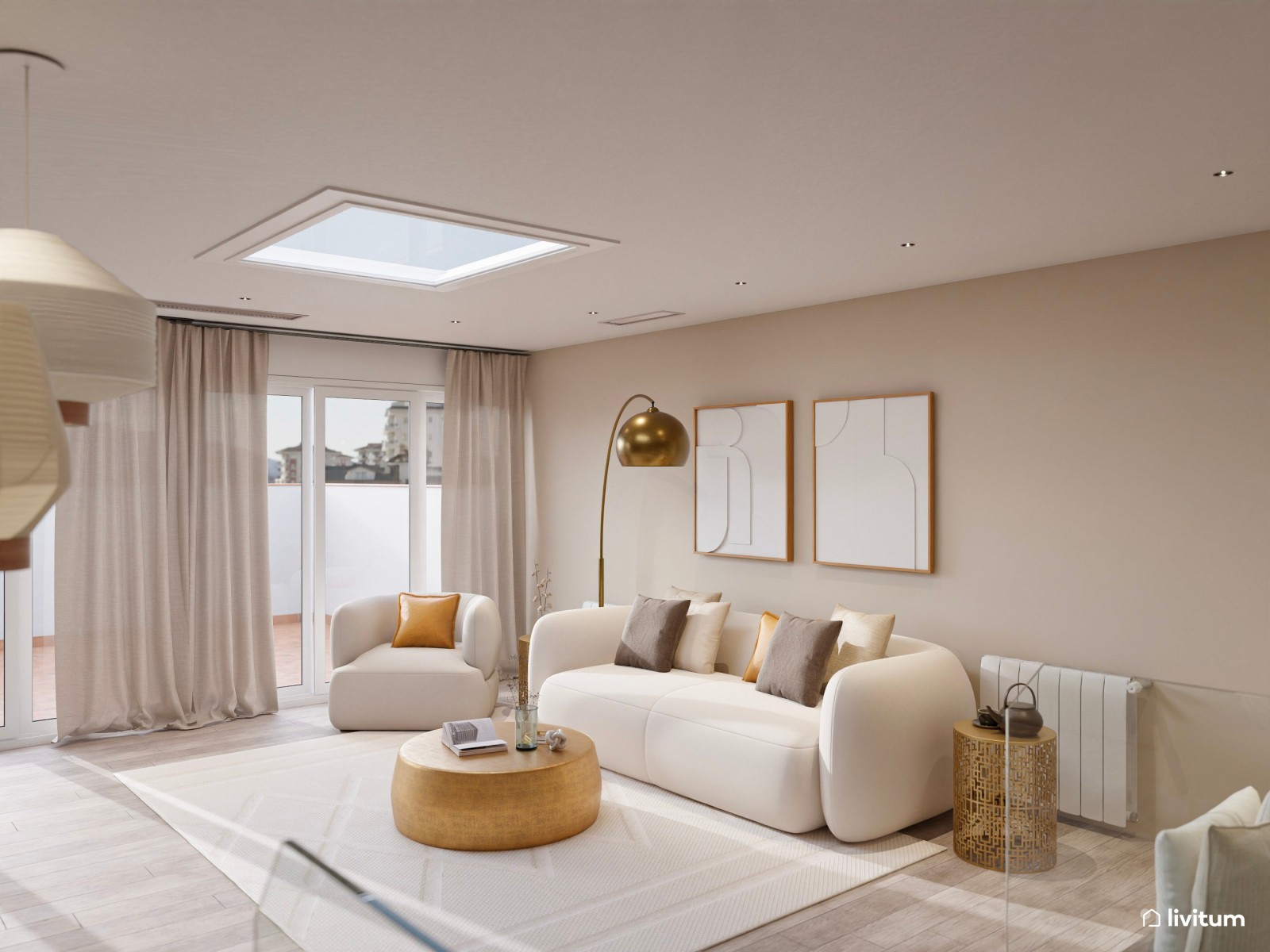 Salón con pared de ladrillos y detalles metálicos dorados