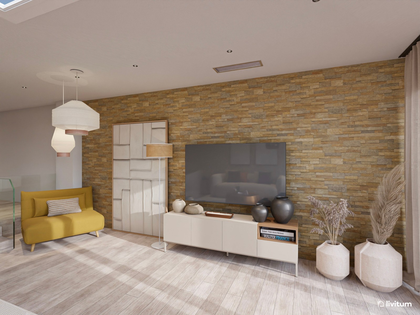 Salón con pared de ladrillos y detalles metálicos dorados