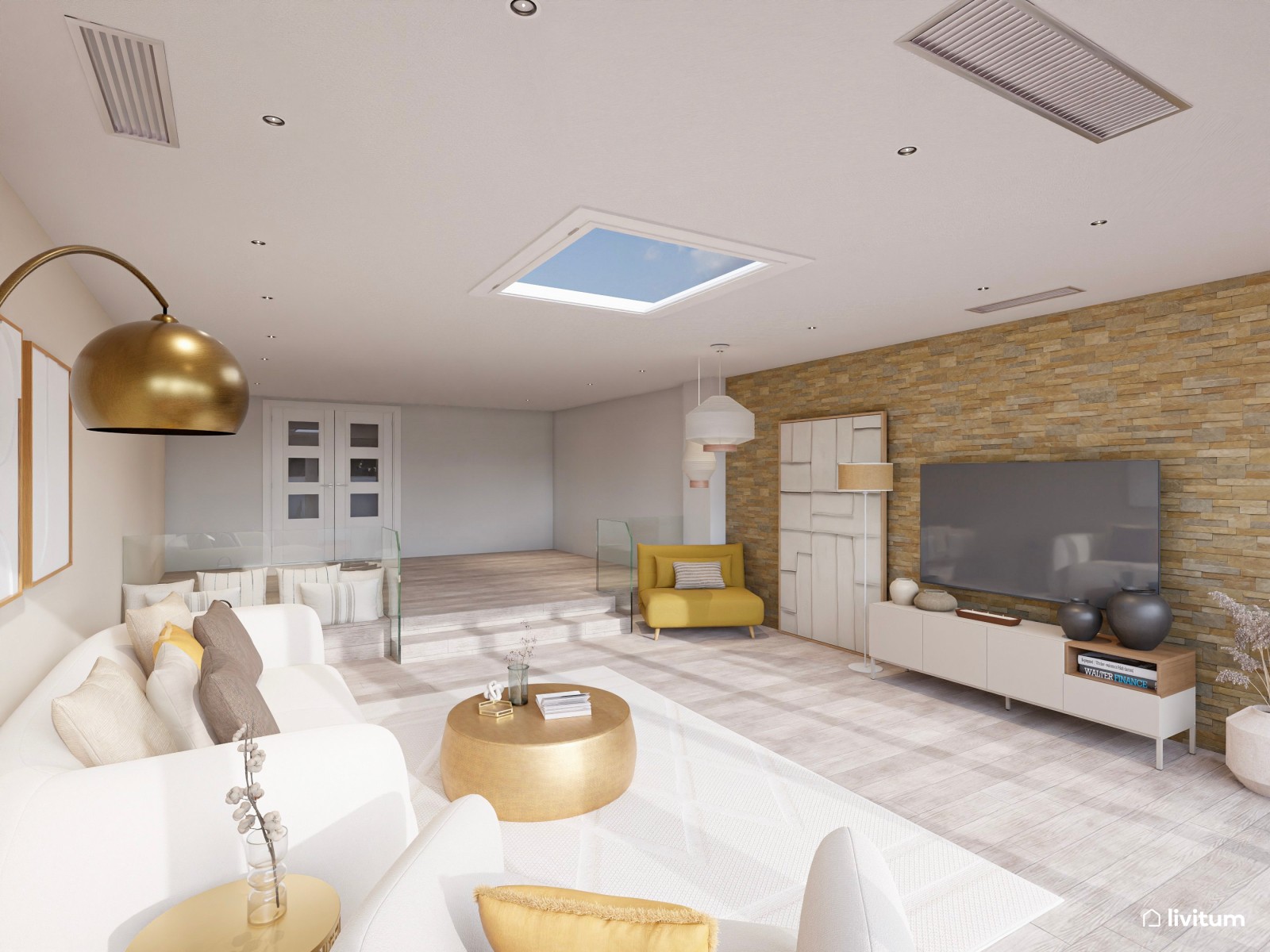 Salón con pared de ladrillos y detalles metálicos dorados