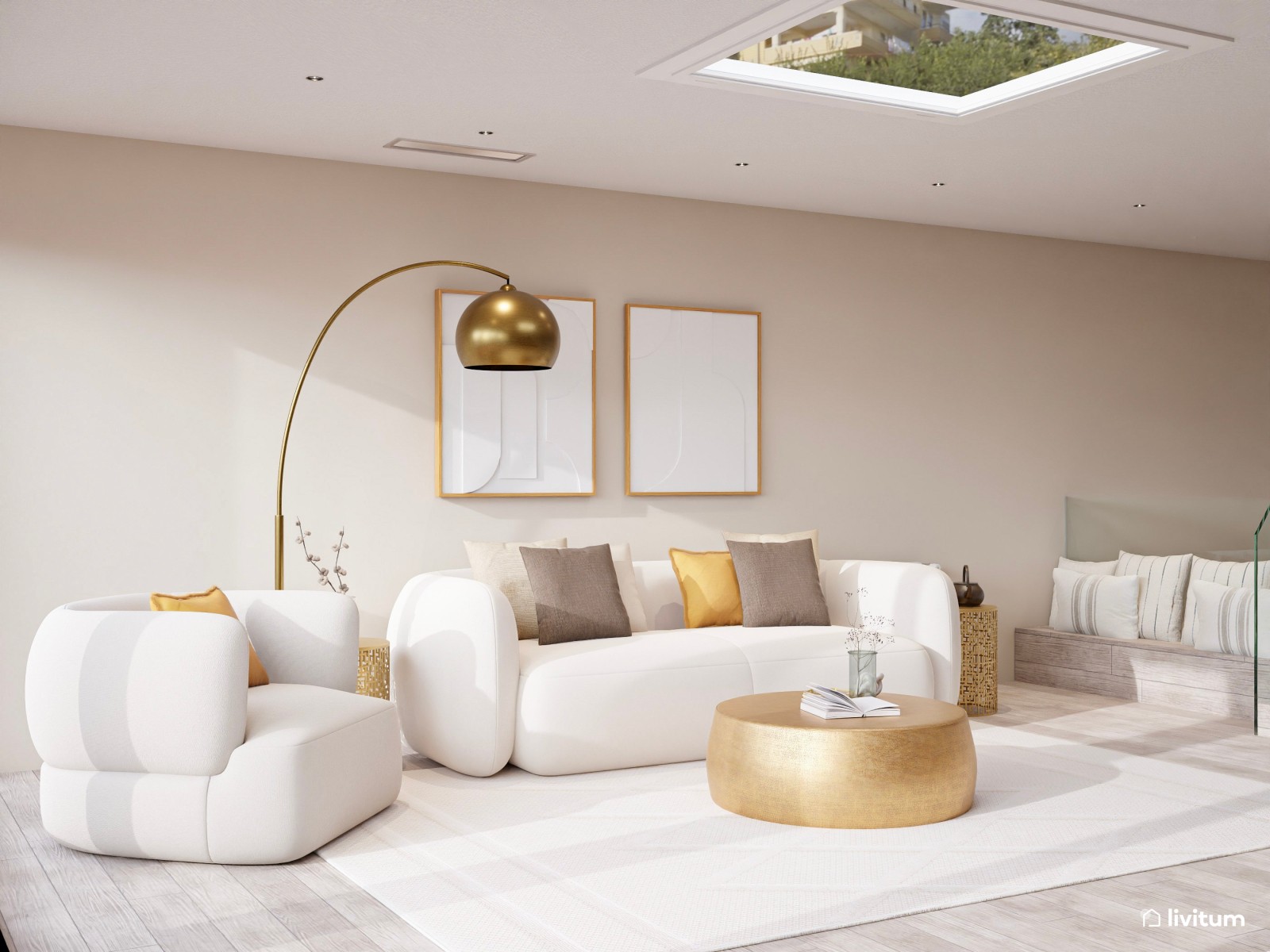 Salón con pared de ladrillos y detalles metálicos dorados