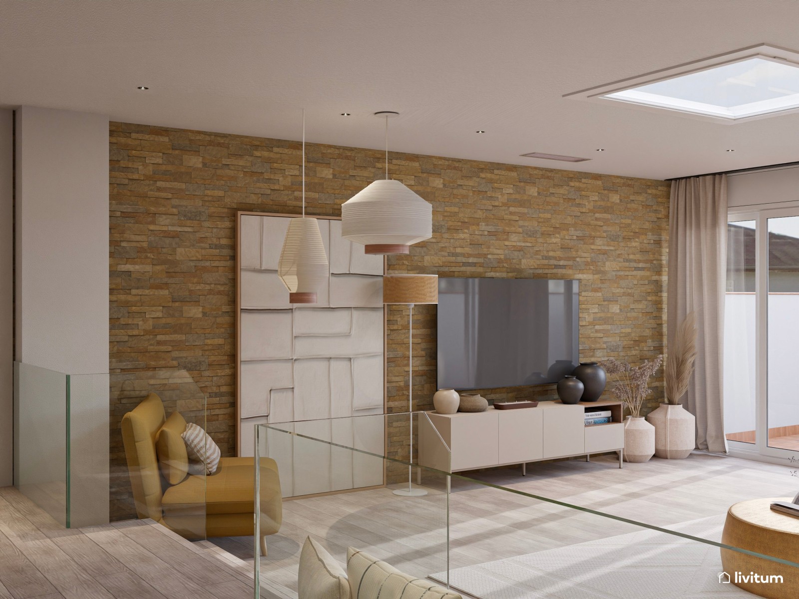 Salón con pared de ladrillos y detalles metálicos dorados