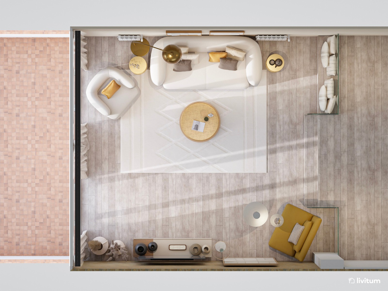 Salón con pared de ladrillos y detalles metálicos dorados