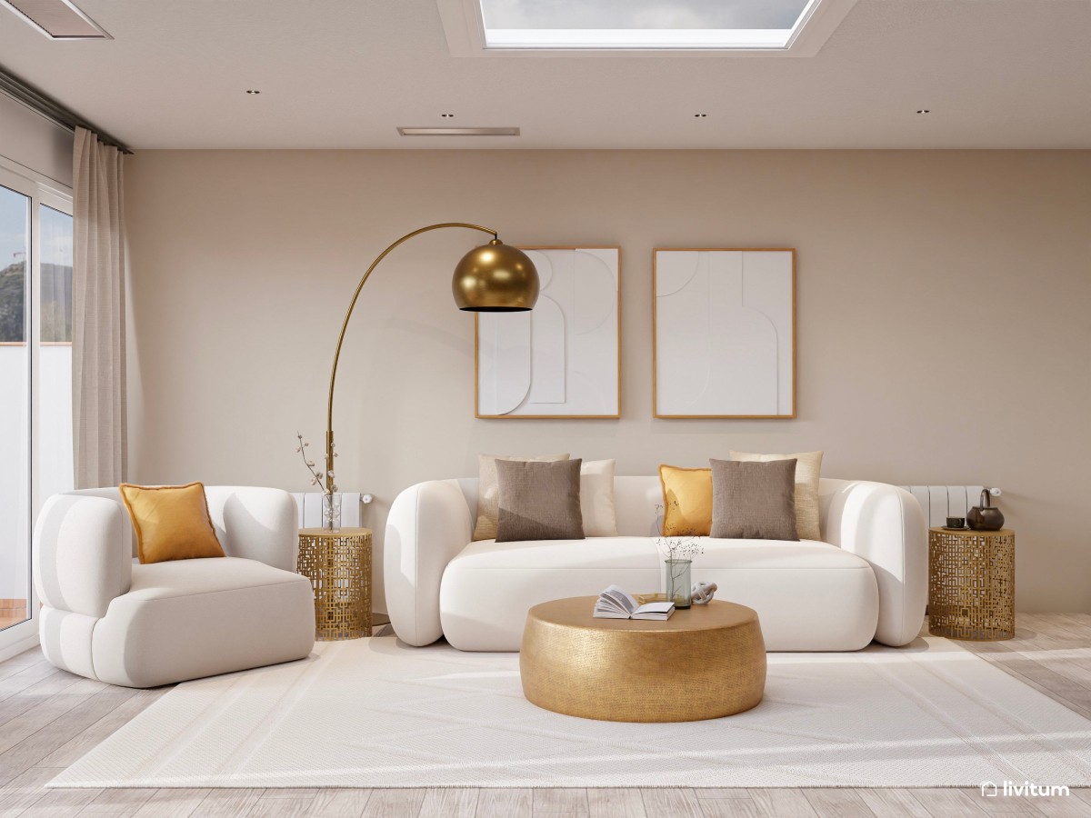 Salón con pared de ladrillos y detalles metálicos dorados