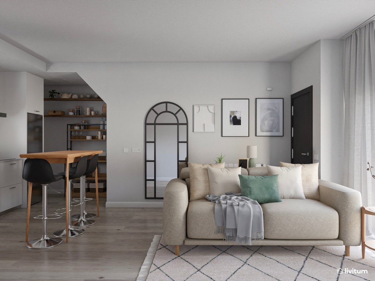 Salón con recibidor con detalles de madera y fibras naturales