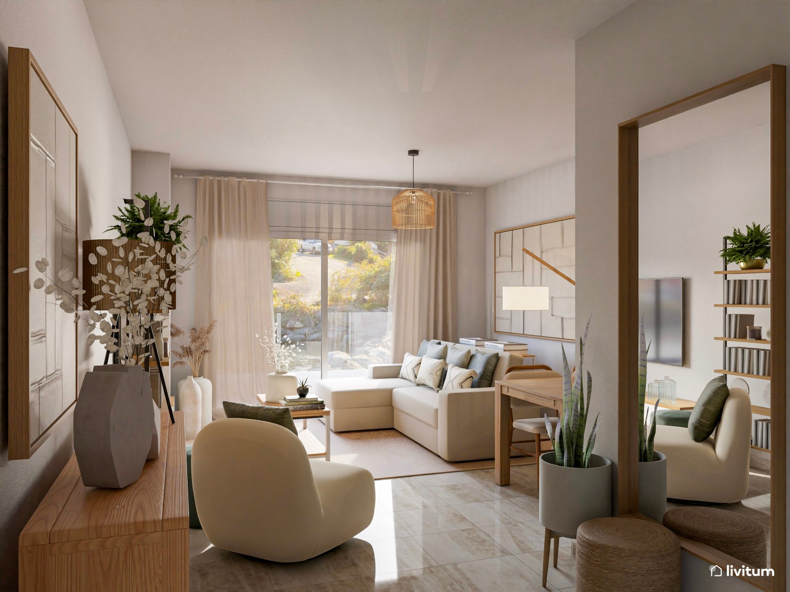 Salón con rincón de lectura decorado en verde, blanco y madera