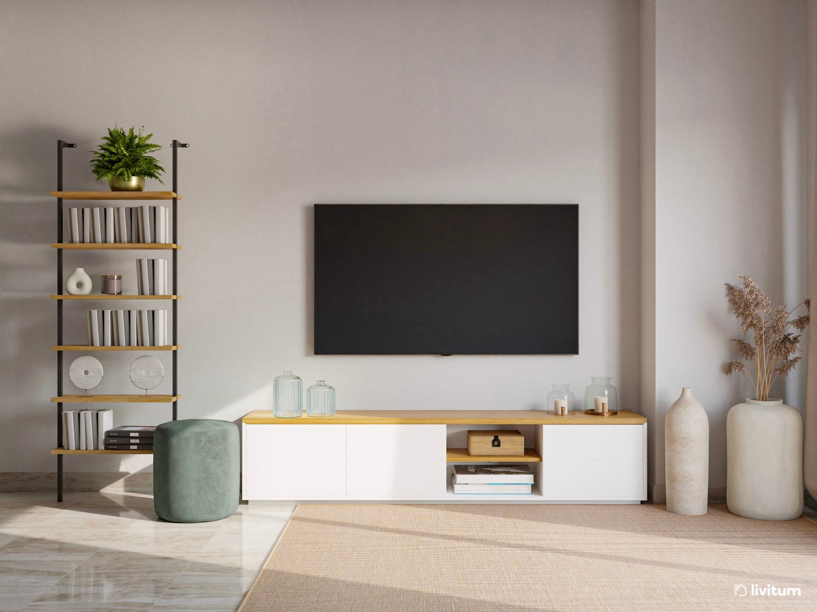 Salón con rincón de lectura decorado en verde, blanco y madera