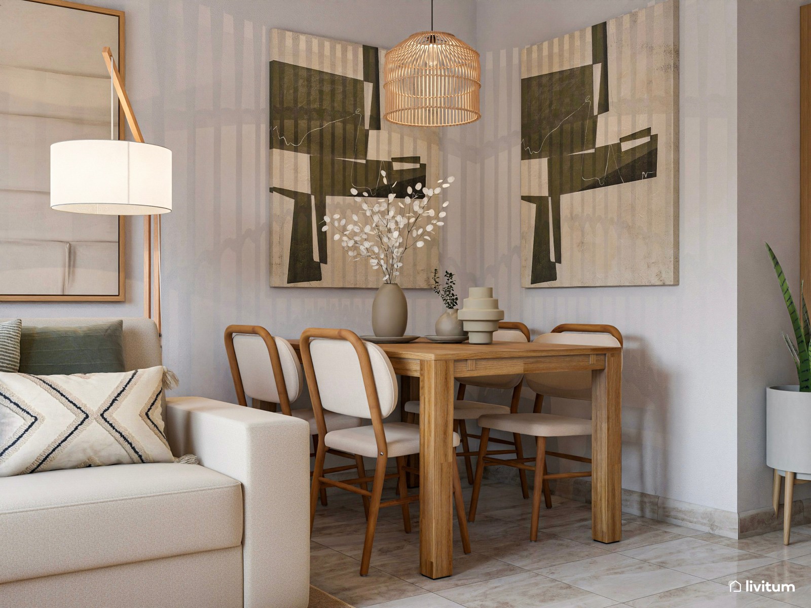 Salón con rincón de lectura decorado en verde, blanco y madera