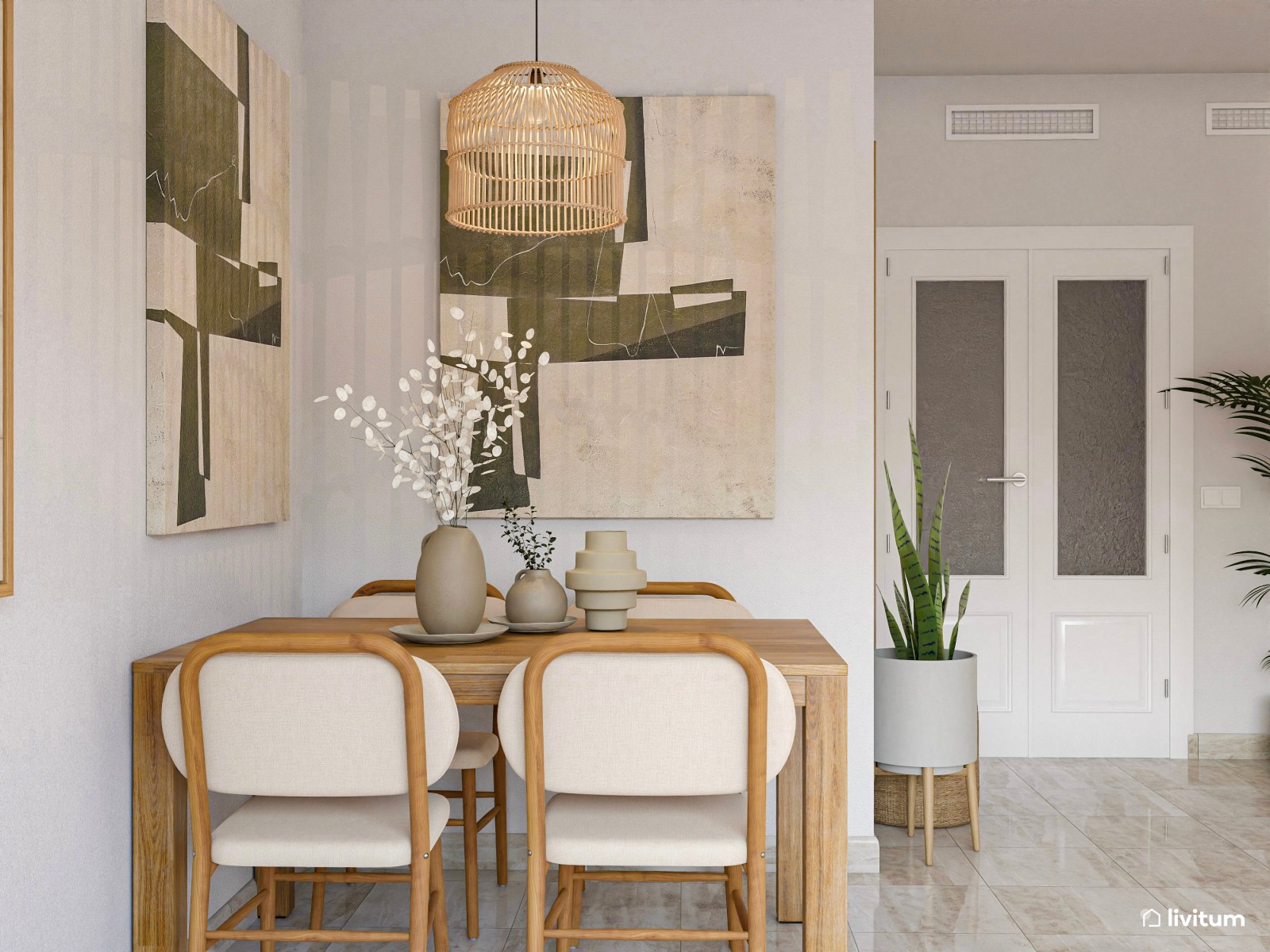 Salón con rincón de lectura decorado en verde, blanco y madera