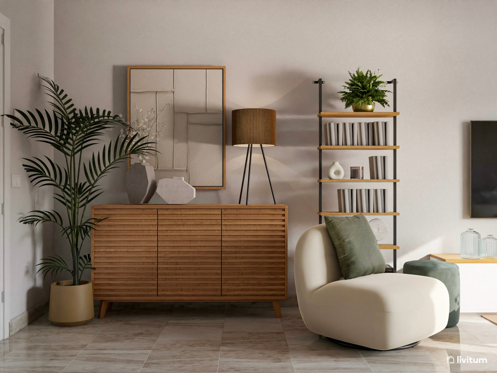 Salón con rincón de lectura decorado en verde, blanco y madera