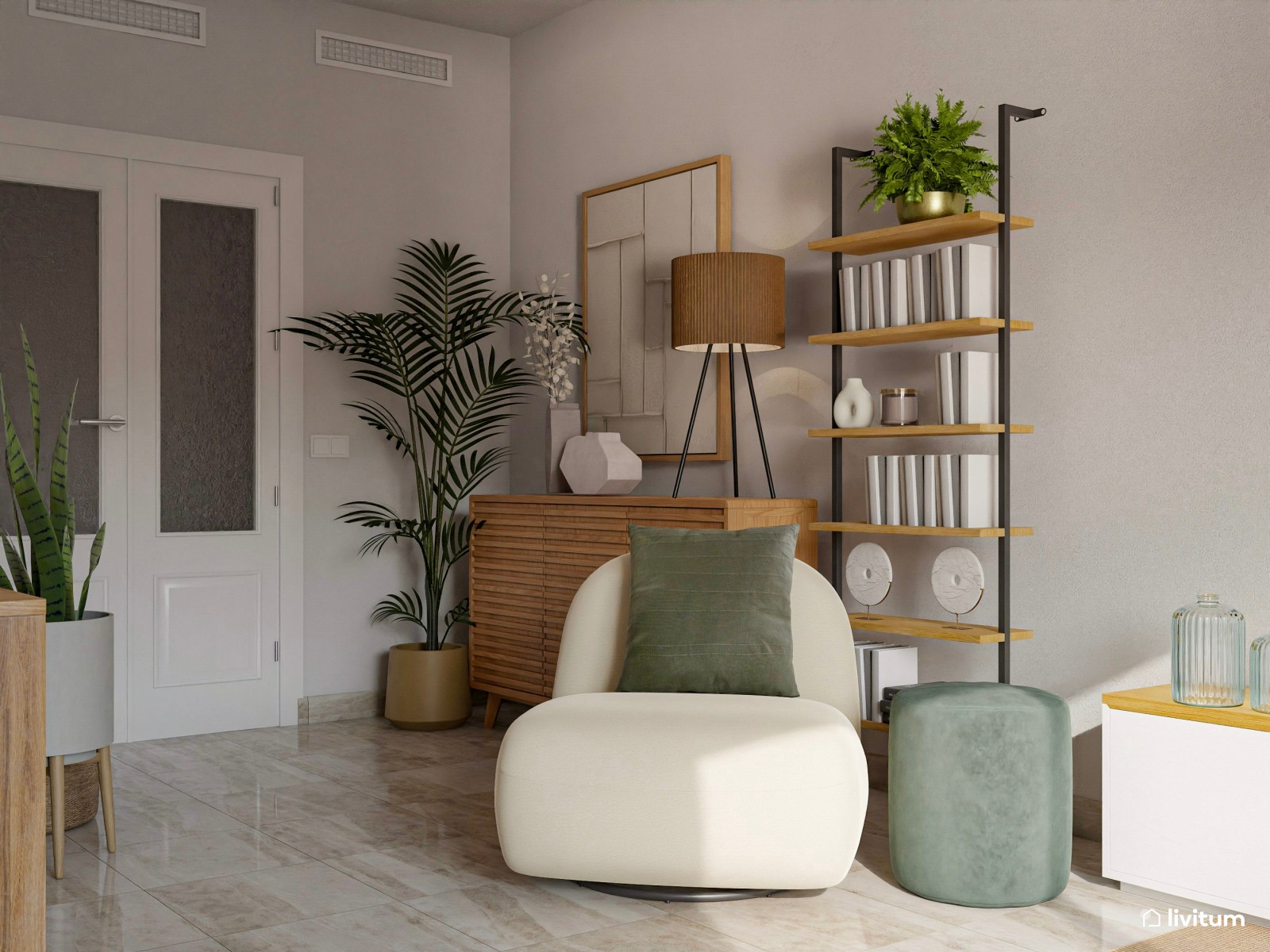 Salón con rincón de lectura decorado en verde, blanco y madera