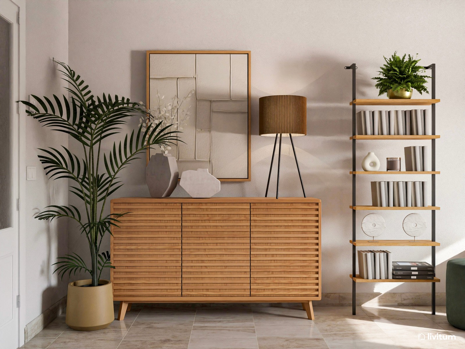 Salón con rincón de lectura decorado en verde, blanco y madera