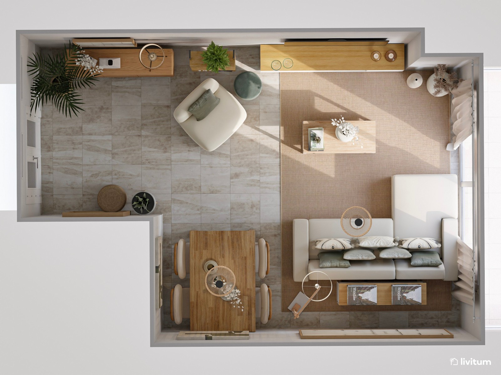 Salón con rincón de lectura decorado en verde, blanco y madera