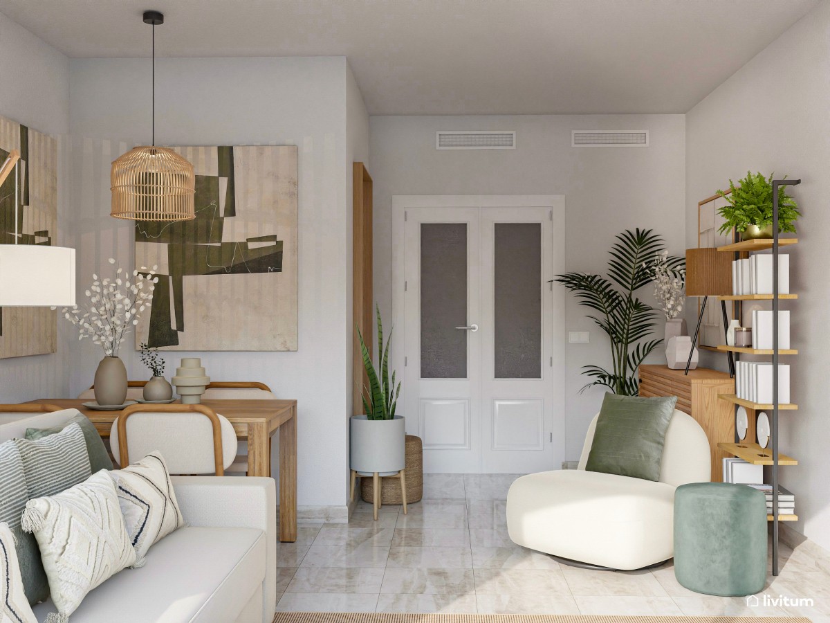 Salón con rincón de lectura decorado en verde, blanco y madera