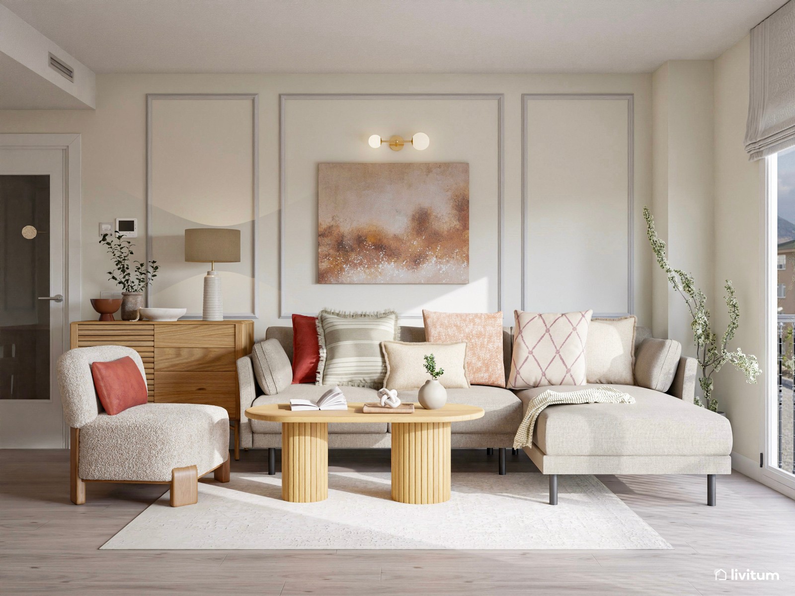 Salón con toques de rojo y molduras decorativas