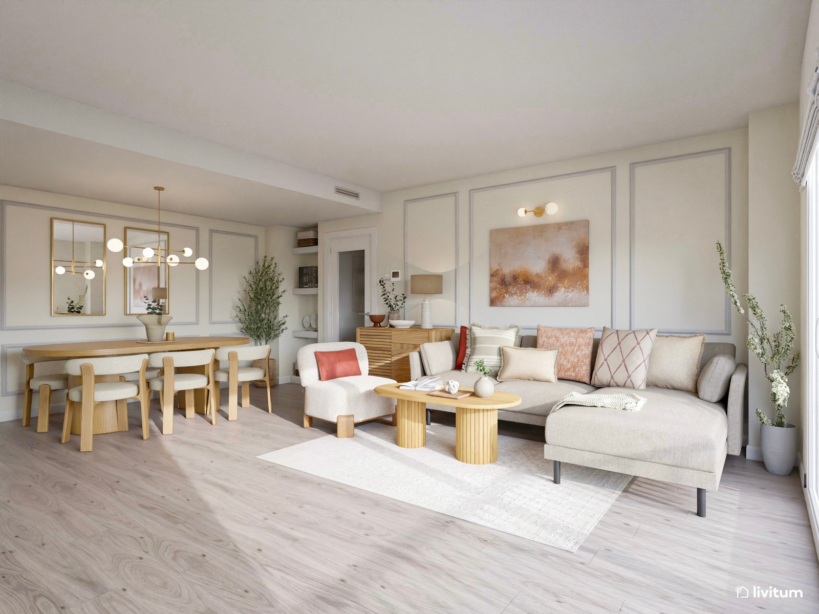 Salón con toques de rojo y molduras decorativas