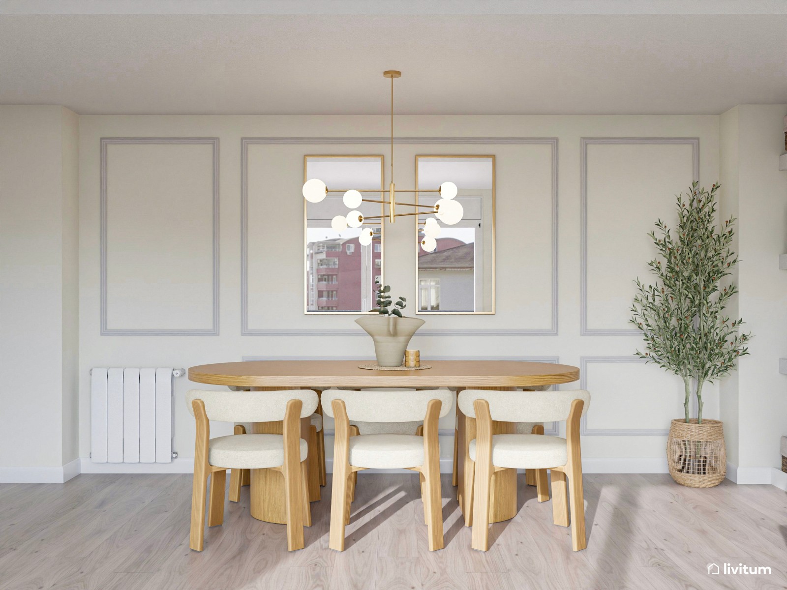 Salón con toques de rojo y molduras decorativas