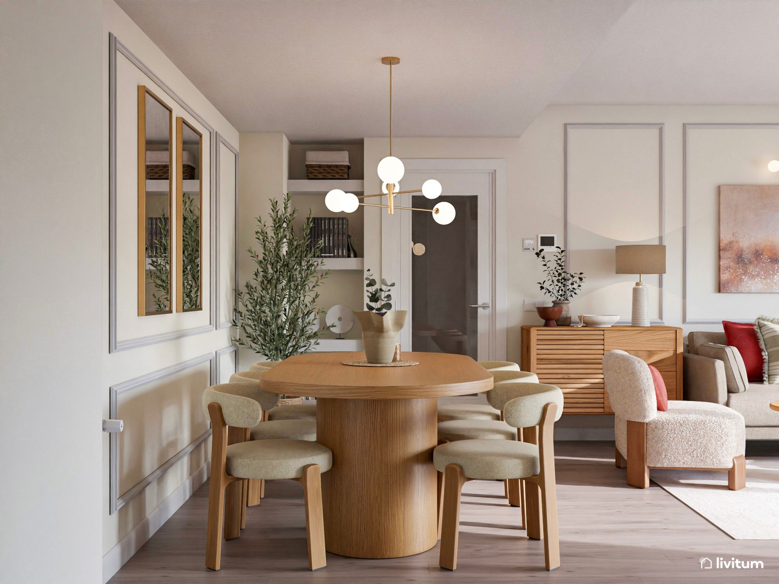 Salón con toques de rojo y molduras decorativas