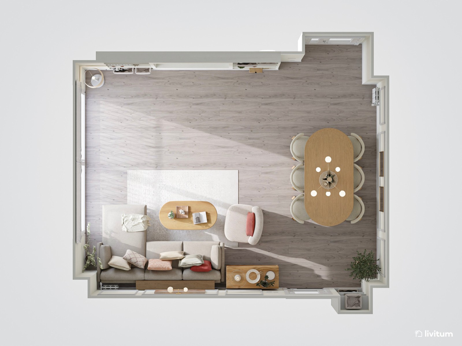 Salón con toques de rojo y molduras decorativas