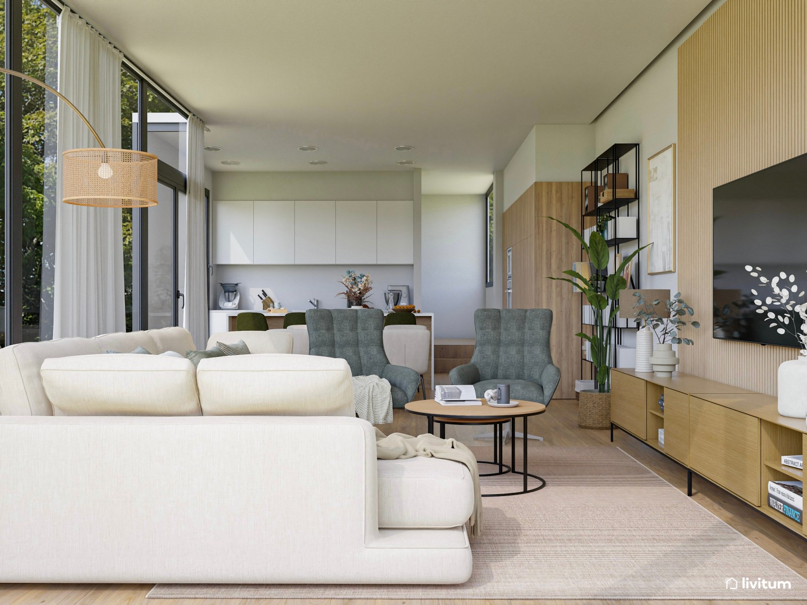 Salón con vistas al jardín y mobiliario mid century