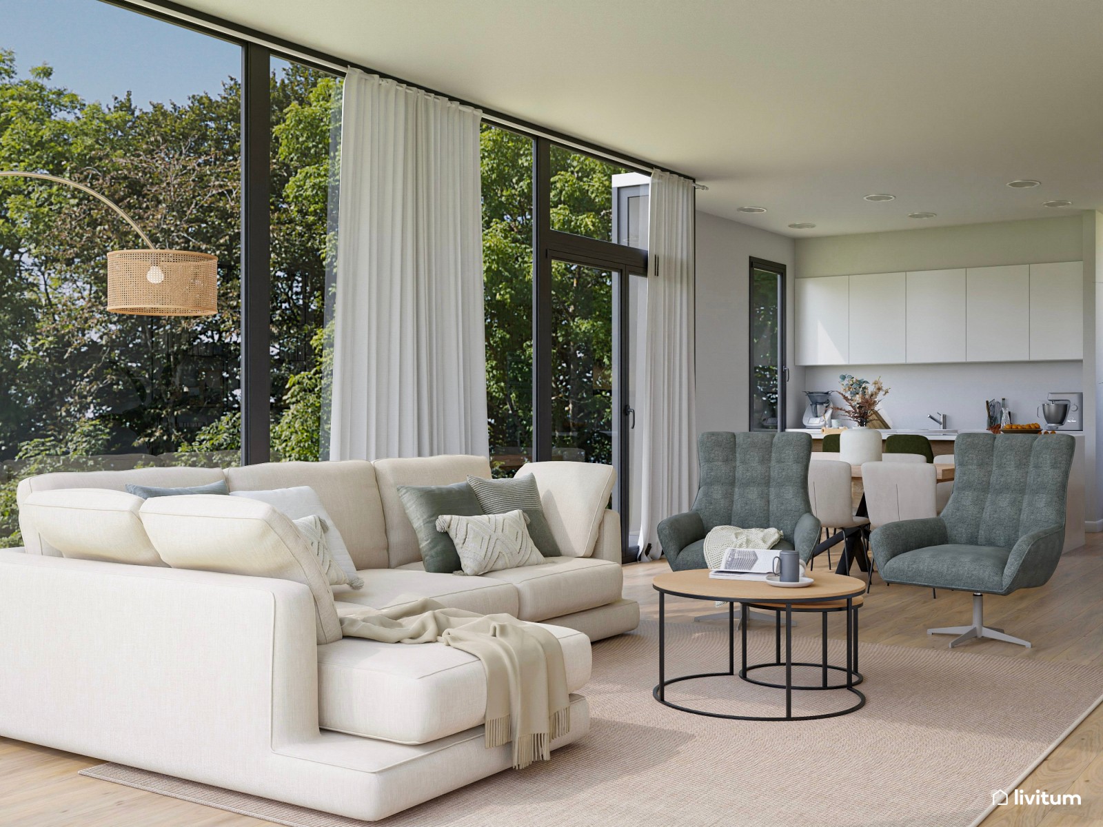 Salón con vistas al jardín y mobiliario mid century