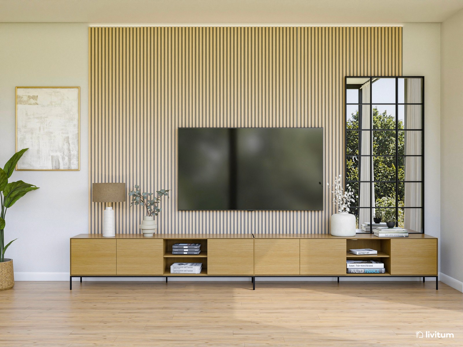 Salón con vistas al jardín y mobiliario mid century