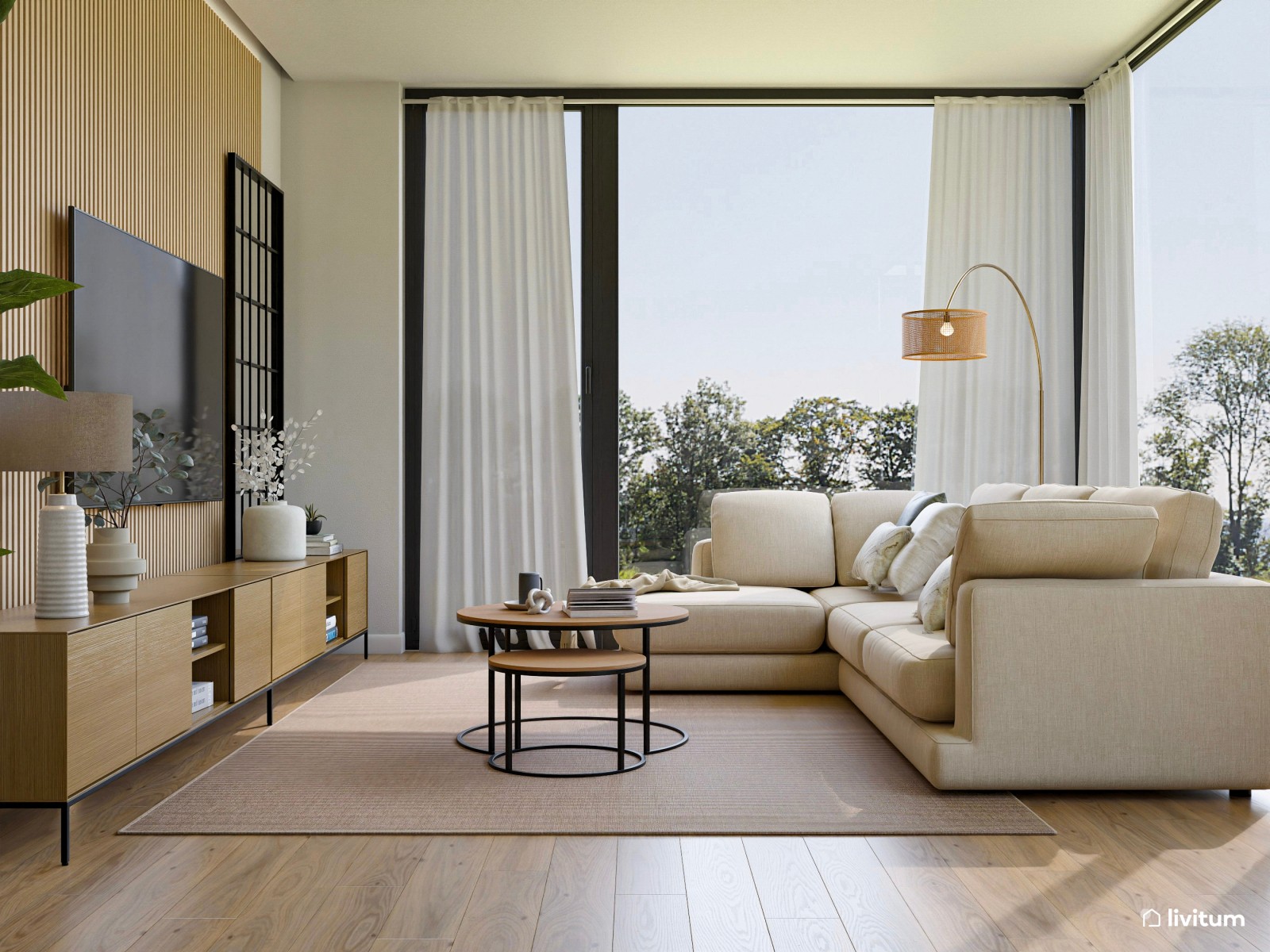 Salón con vistas al jardín y mobiliario mid century