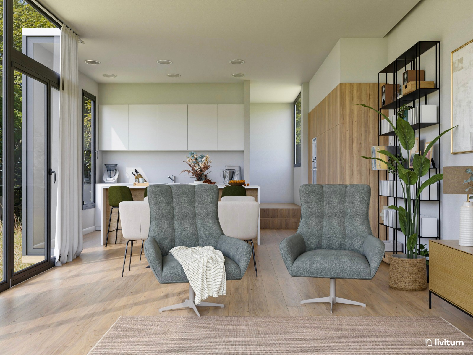 Salón con vistas al jardín y mobiliario mid century