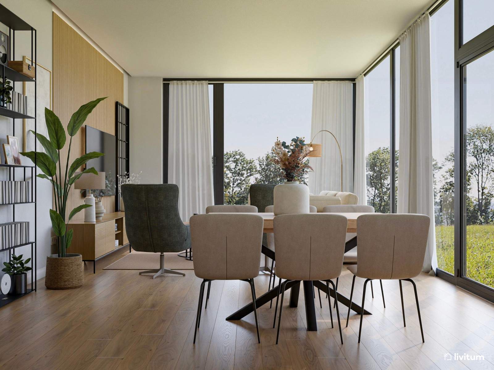 Salón con vistas al jardín y mobiliario mid century