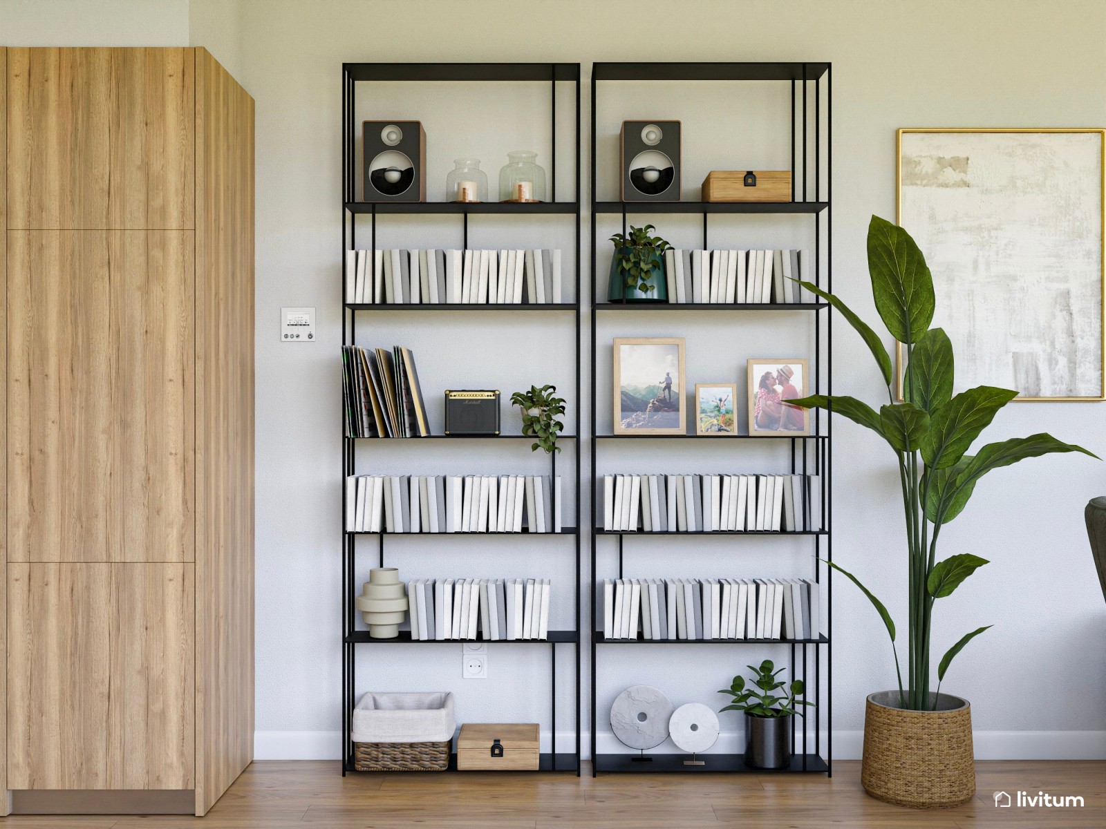 Salón con vistas al jardín y mobiliario mid century