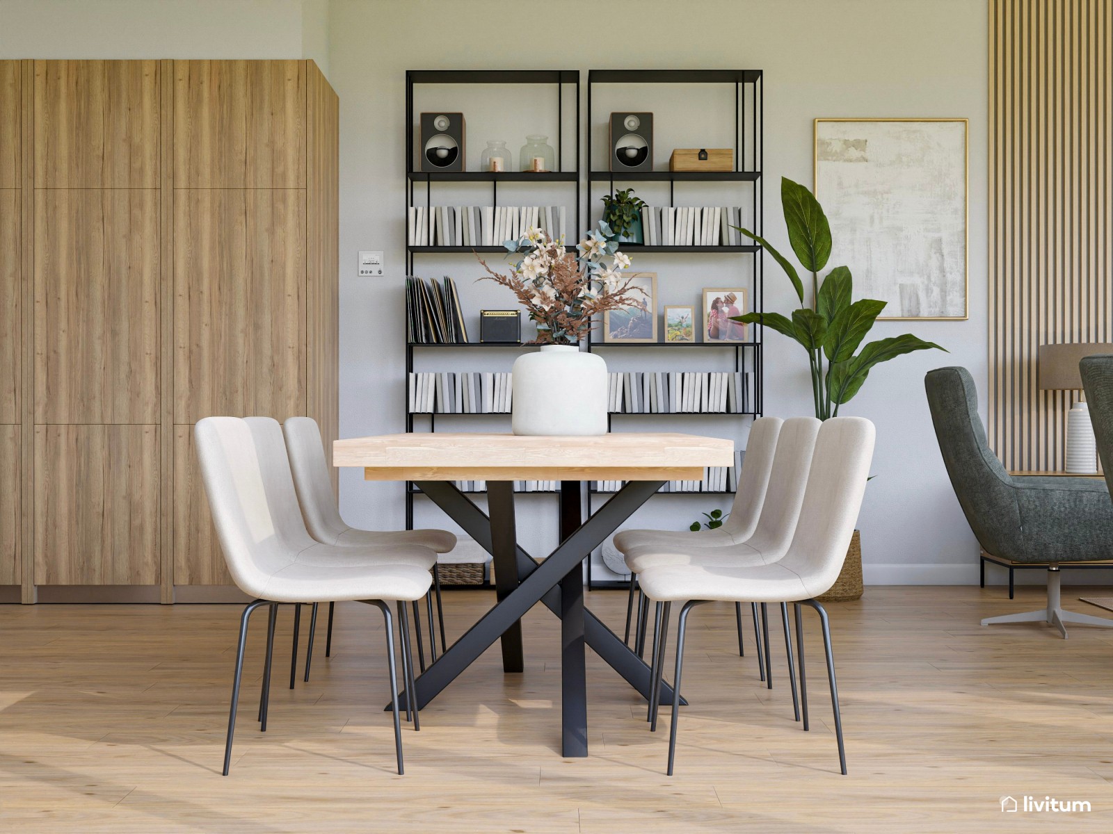 Salón con vistas al jardín y mobiliario mid century