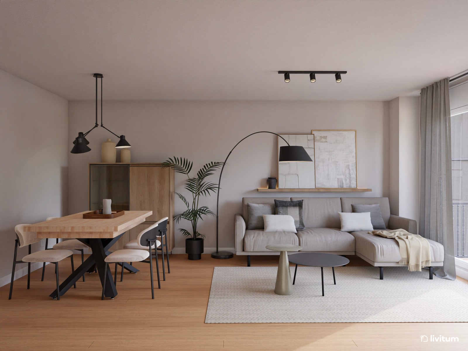 Salón contemporáneo con acentos negros y gran capacidad de almacenaje 