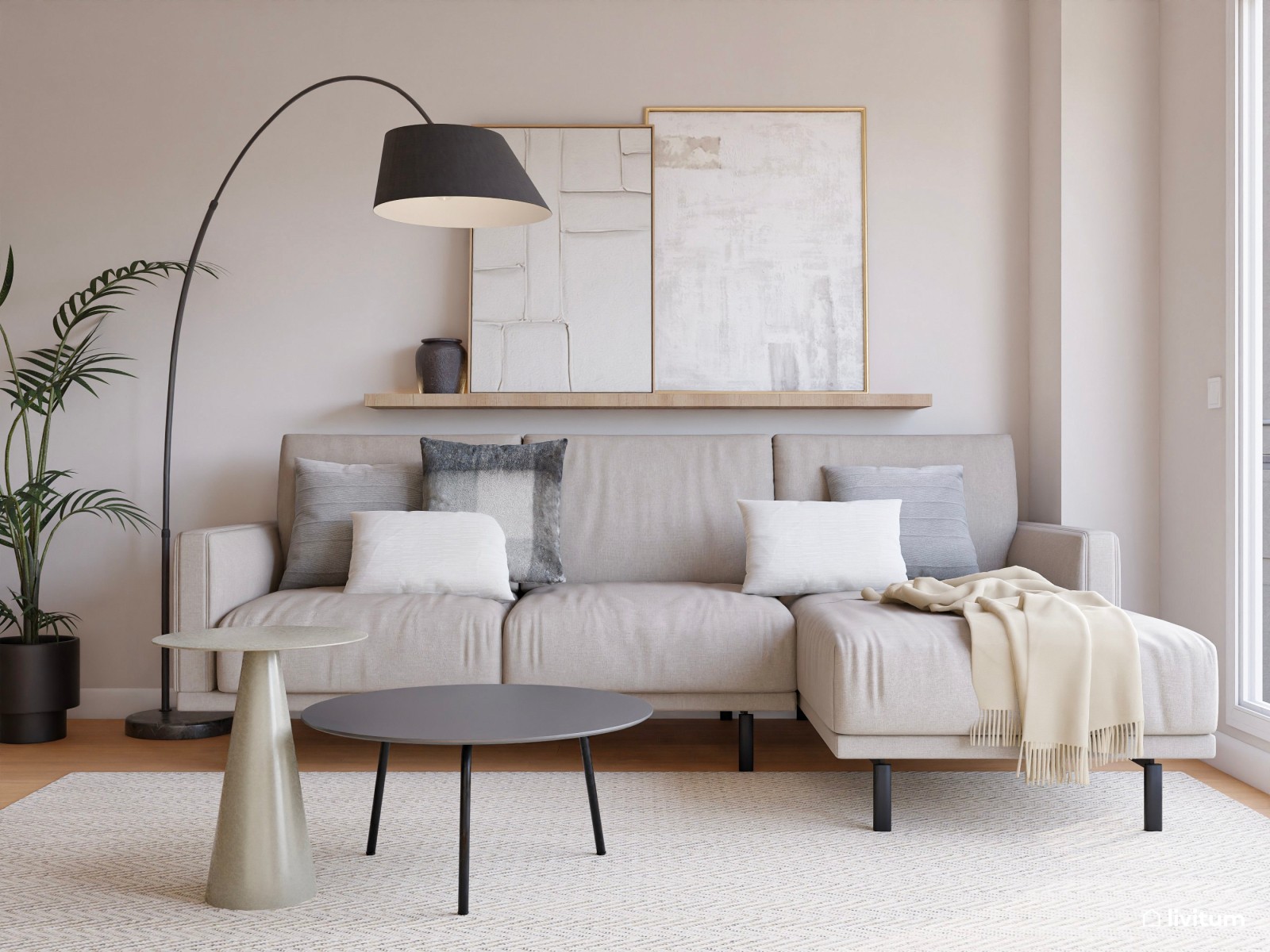 Salón contemporáneo con acentos negros y gran capacidad de almacenaje 