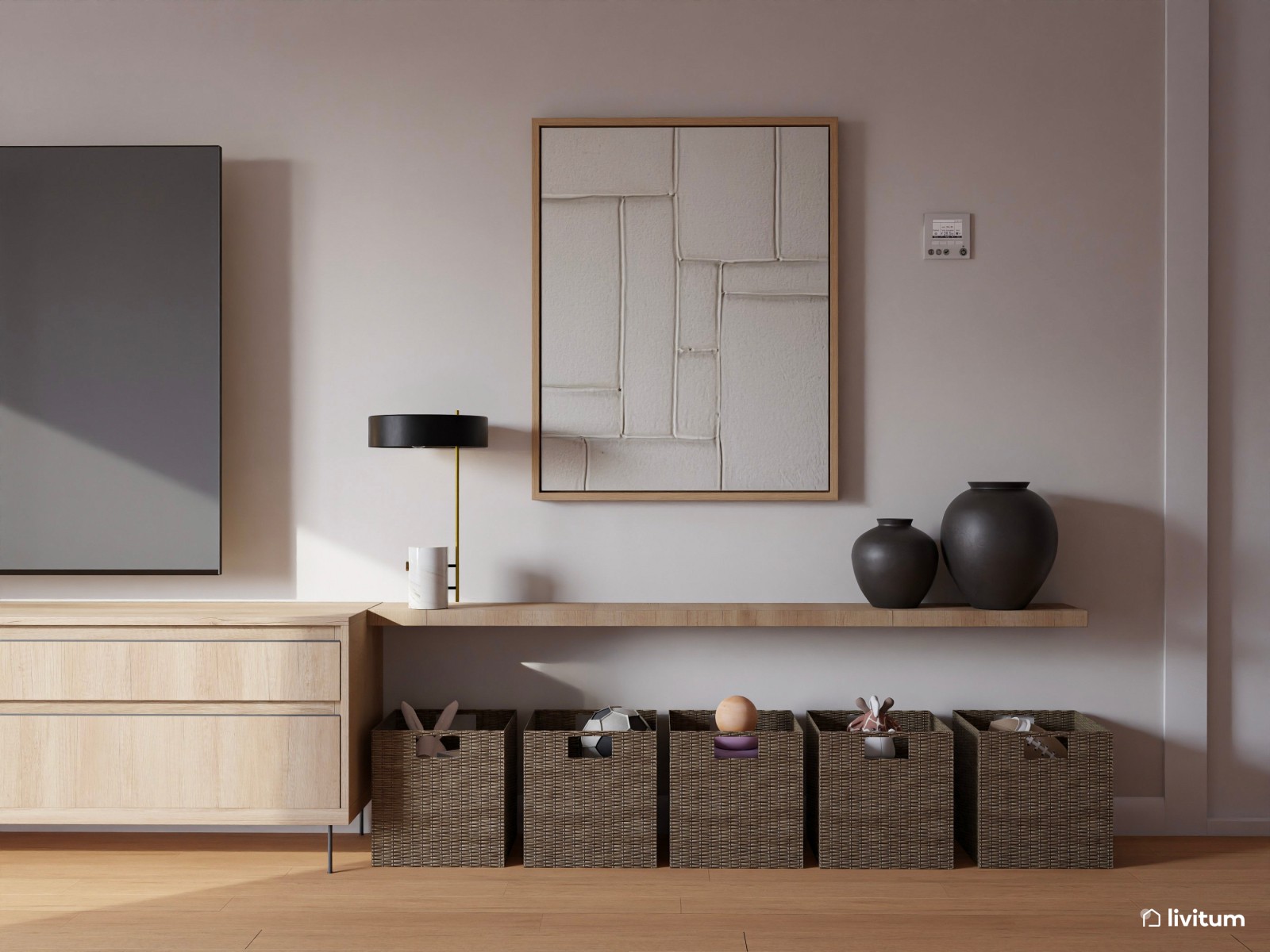 Salón contemporáneo con acentos negros y gran capacidad de almacenaje 