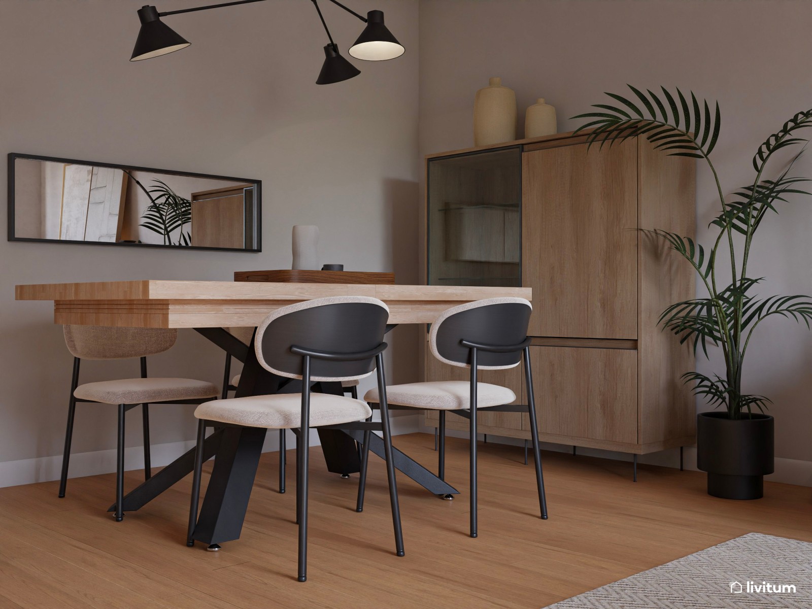 Salón contemporáneo con acentos negros y gran capacidad de almacenaje 