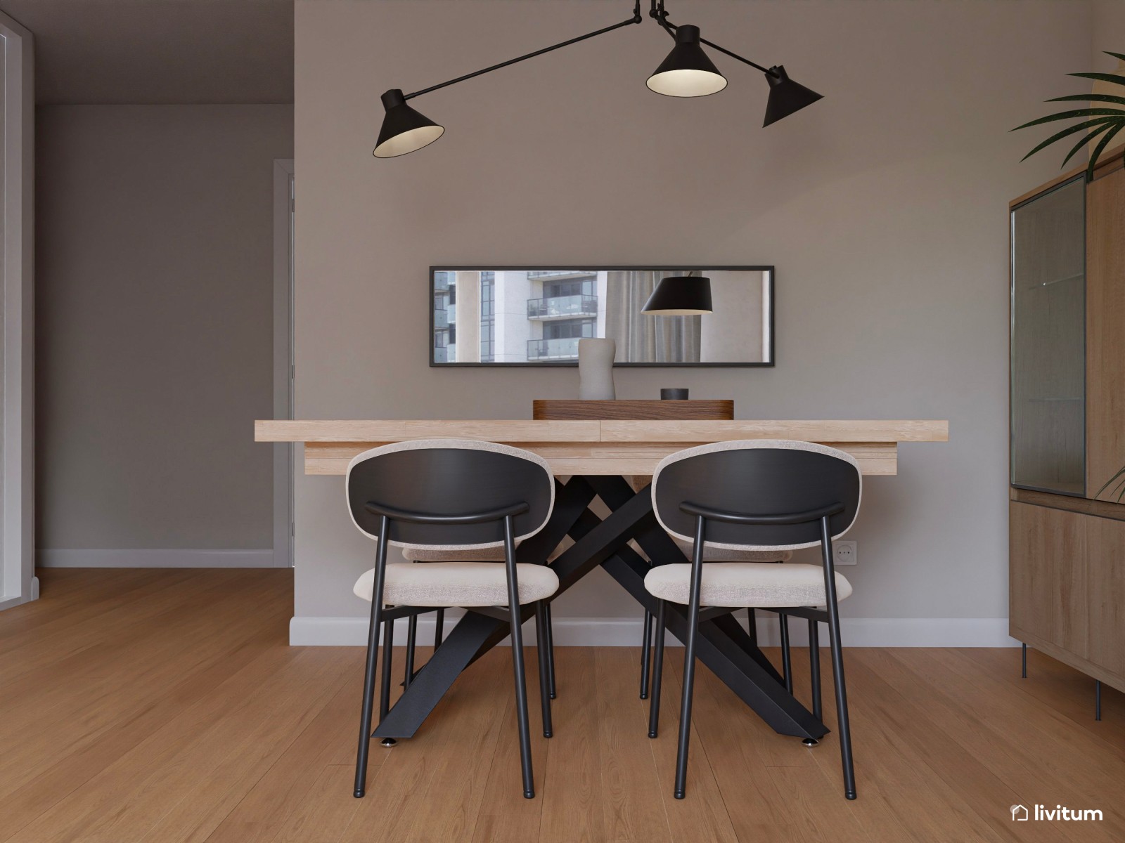 Salón contemporáneo con acentos negros y gran capacidad de almacenaje 