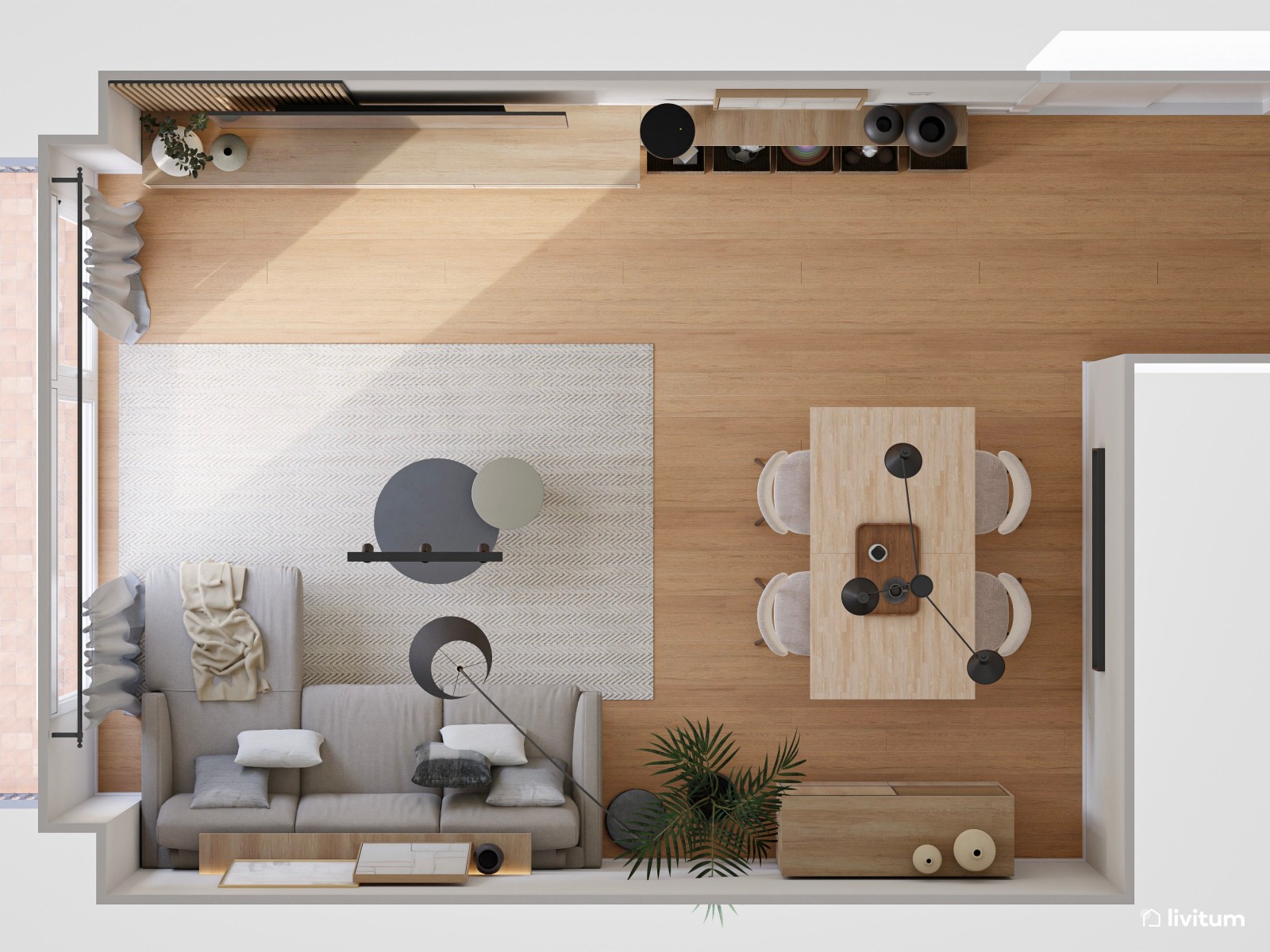 Salón contemporáneo con acentos negros y gran capacidad de almacenaje 