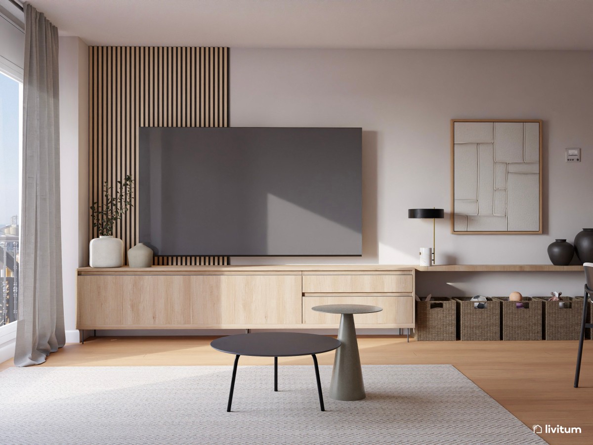 Salón contemporáneo con acentos negros y gran capacidad de almacenaje