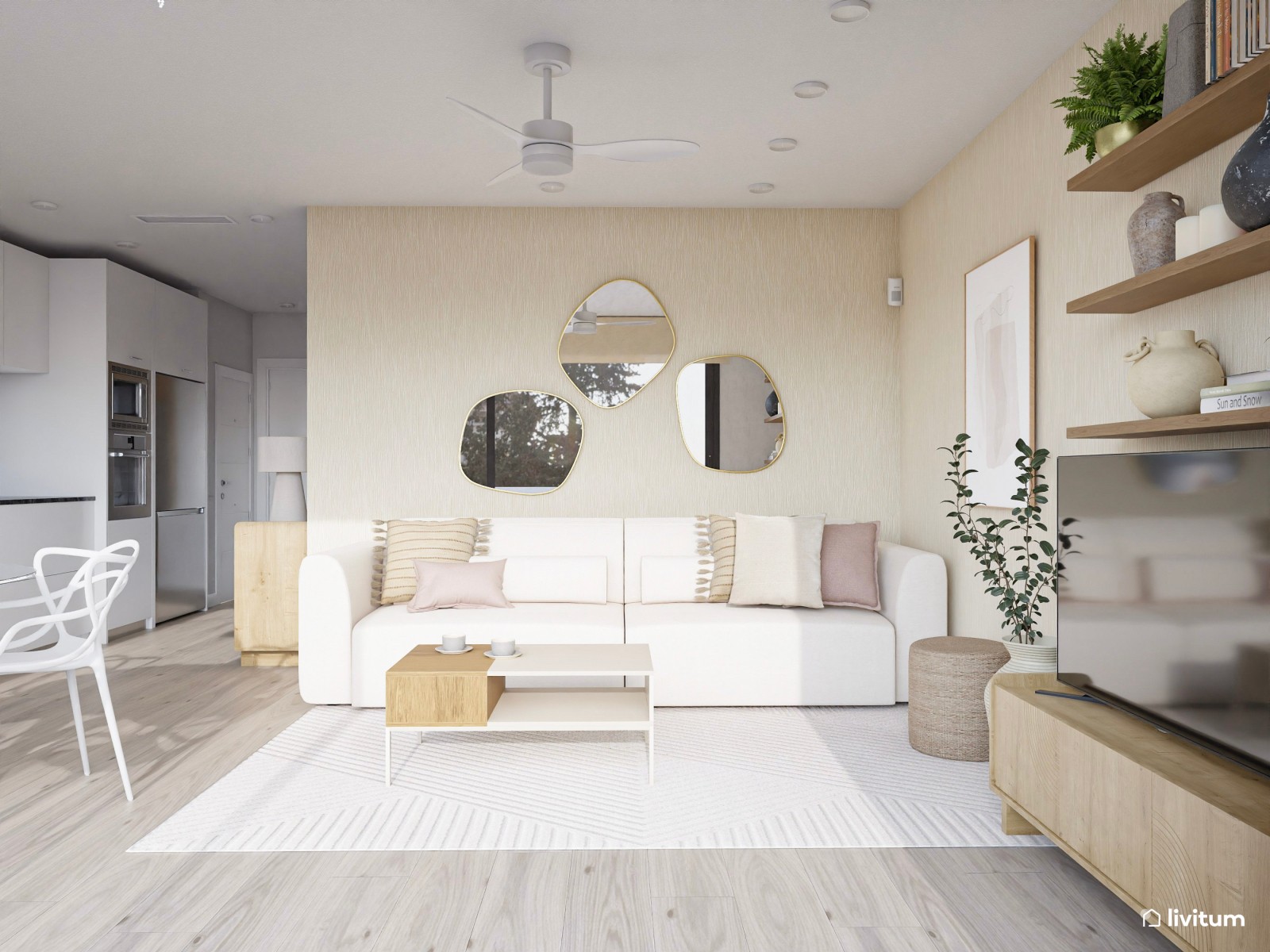 Salón contemporáneo con cocina abierta y vistas al exterior