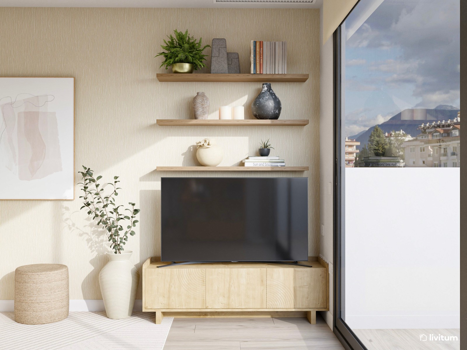 Salón contemporáneo con cocina abierta y vistas al exterior