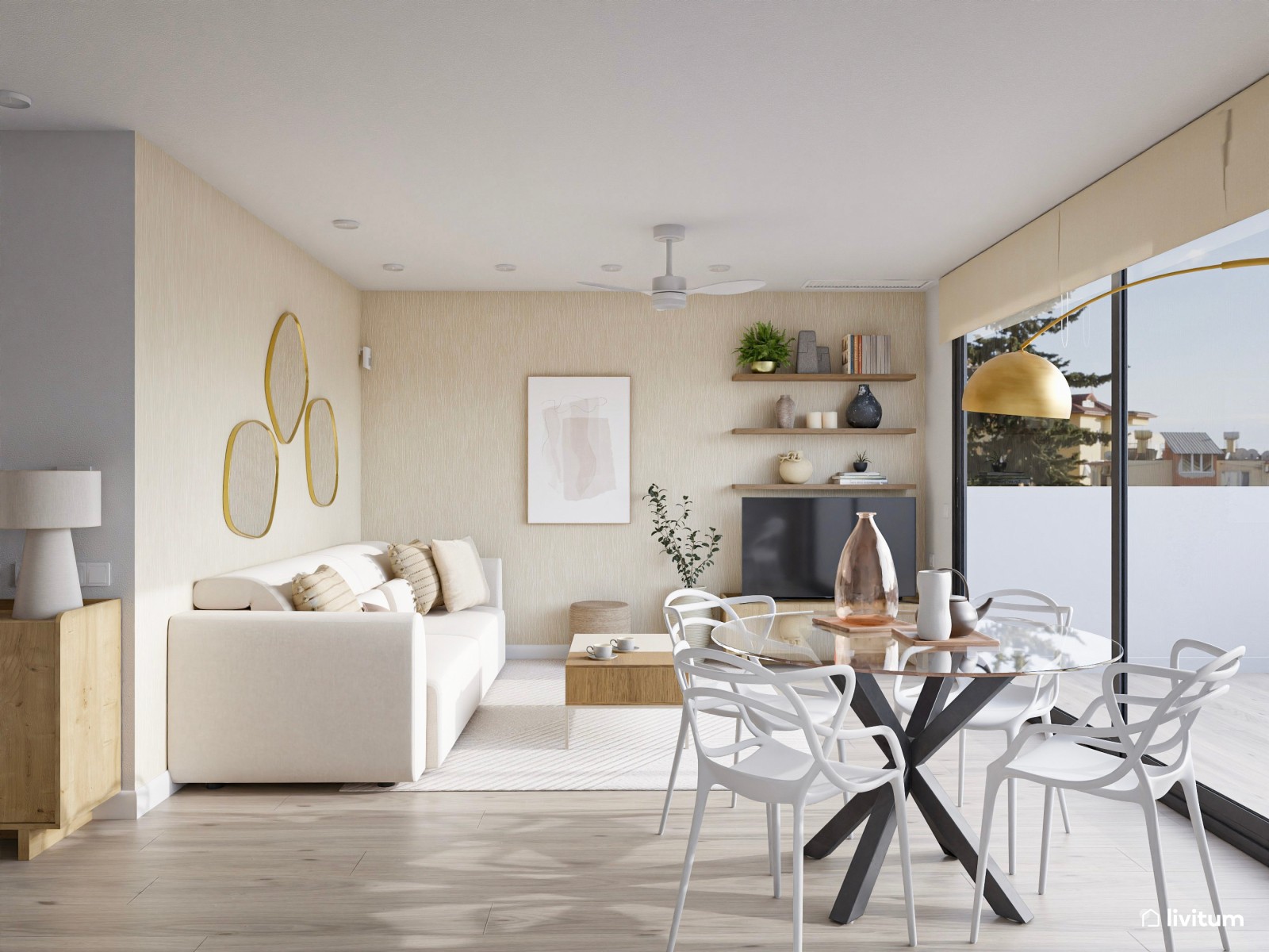 Salón contemporáneo con cocina abierta y vistas al exterior